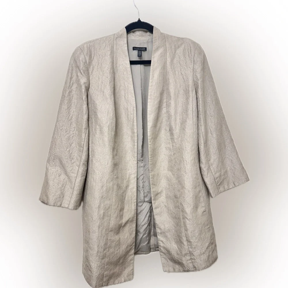 Eileen Fisher Open Front Textured Blazer Jacket Neutral Taupe Silk Blend Size M - Picture 1 of 9